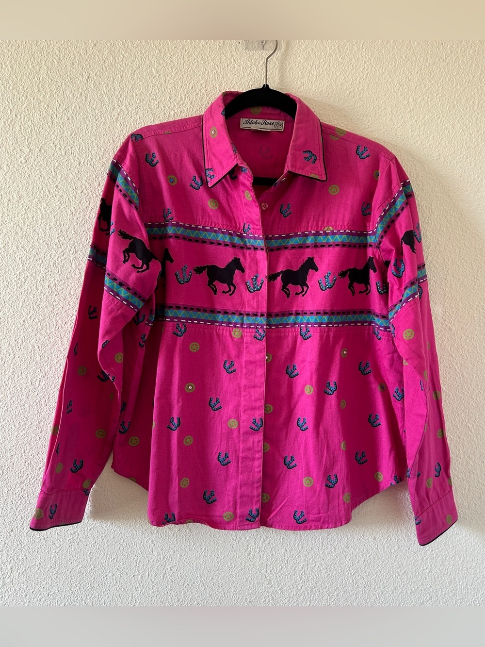 Vtg Adobe Rose Western Novelty Horse Print Rodeo Cowgirl Women’s Large Pink